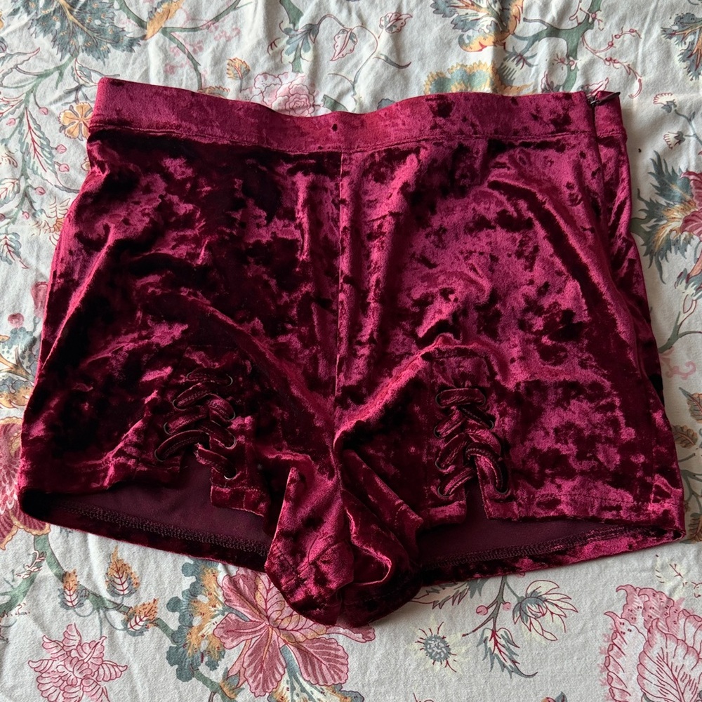 Forever 21 Burgundy Velvet Lace-Up Shorts